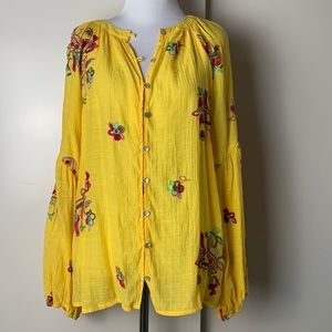 Anthropology Fig and Flower Yellow Floral Embroidered Top Medium